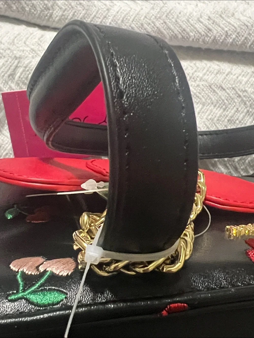 Betsey Johnson Black Shoulder Bag with Red Heart Charm & Cherry Embroidery